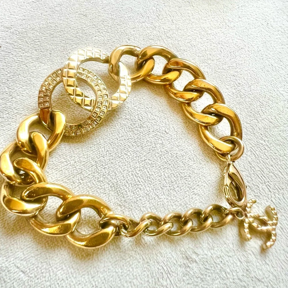 CHANEL Rhinestone CC Logo Chunky Chain Bracelet